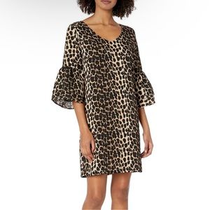 BELONGSCI Women's Small Leopard Print V-Neck Bell Sleeve Mini Shift Dress Lined